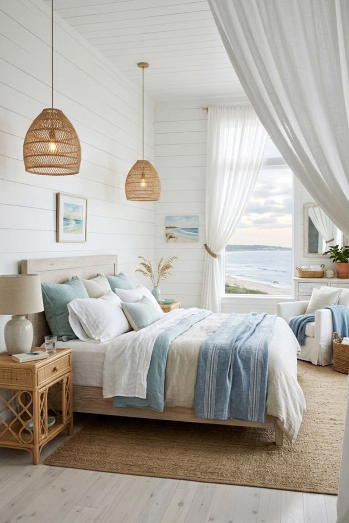 Coastal linen blue and beige bedding