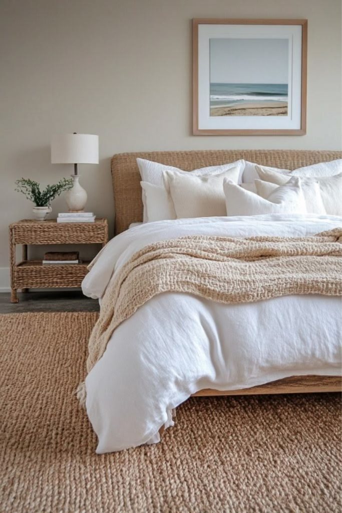 Coastal linen upholstered modern bed.