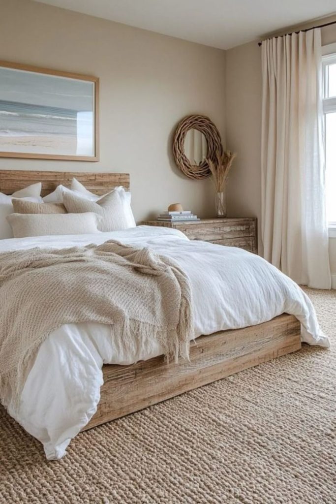Coastal sand carpet in airy bedroom.