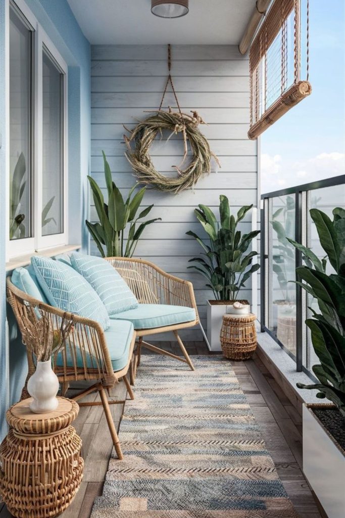 Coastal bedroom balcony with blue accents.