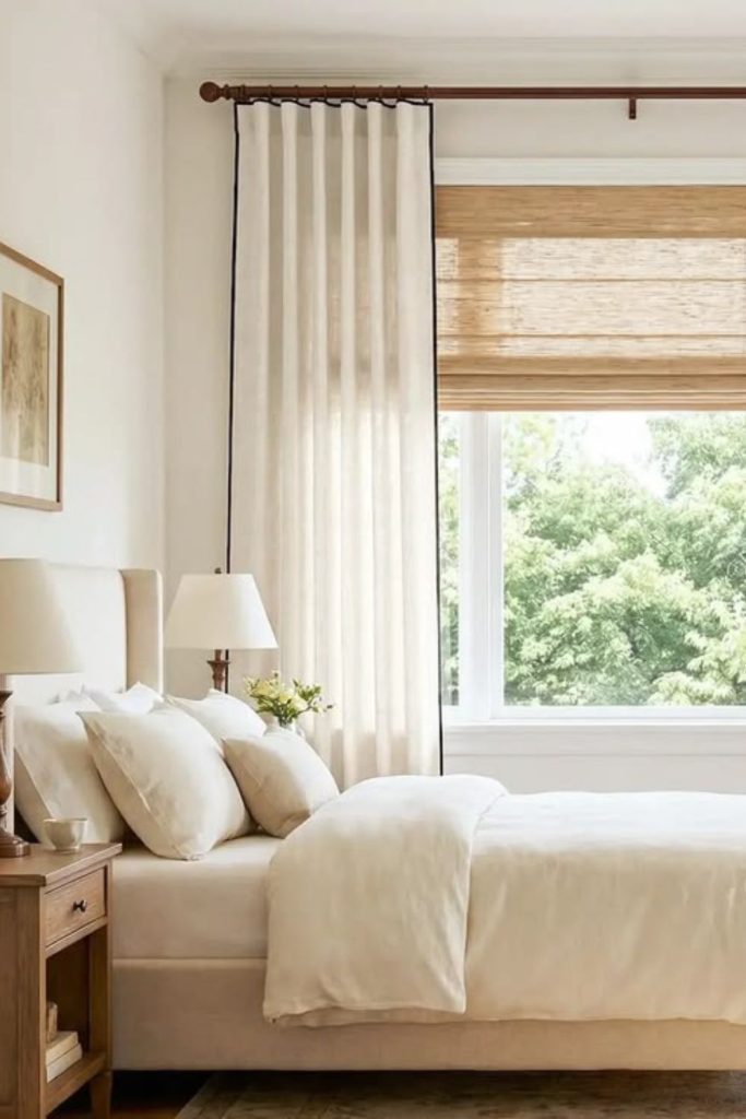 White coastal curtains with bamboo blinds.