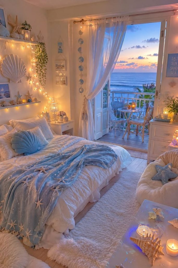 Coastal blue Y2K inspired bedroom.