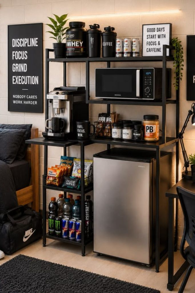 Cozy coffeehouse-inspired boys dorm room.