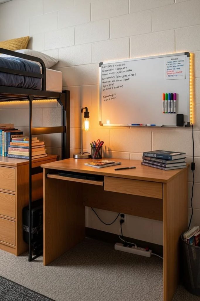 Organized college study-focused dorm room.