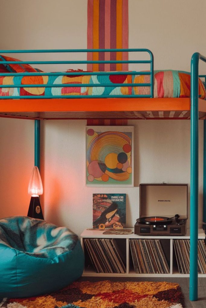 Colorful maximalist lofted dorm room.