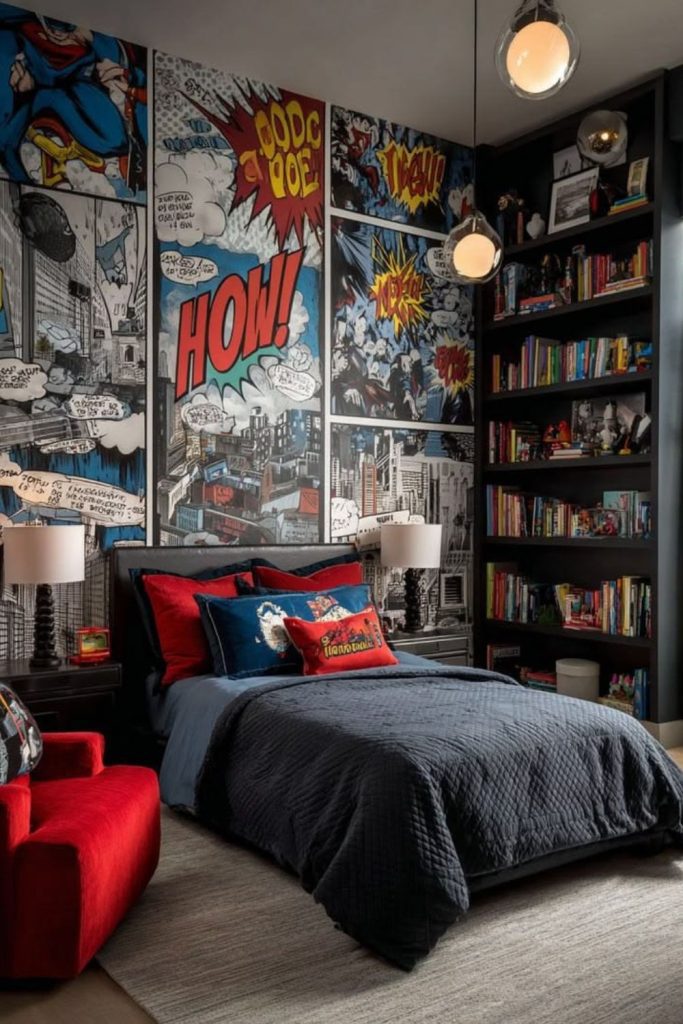 Comic book bedroom with superhero décor.