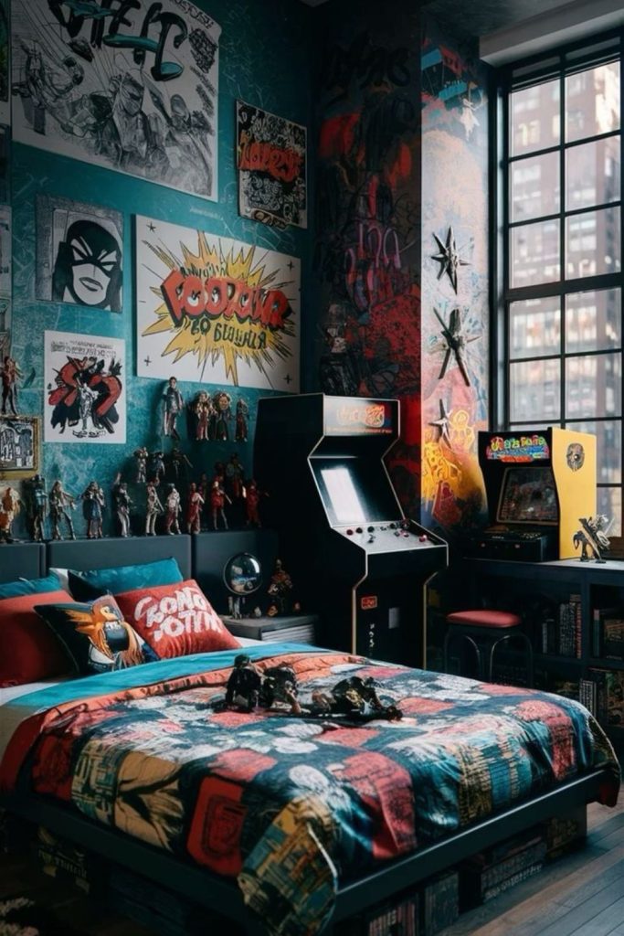 Comic collector-themed dorm room setup.