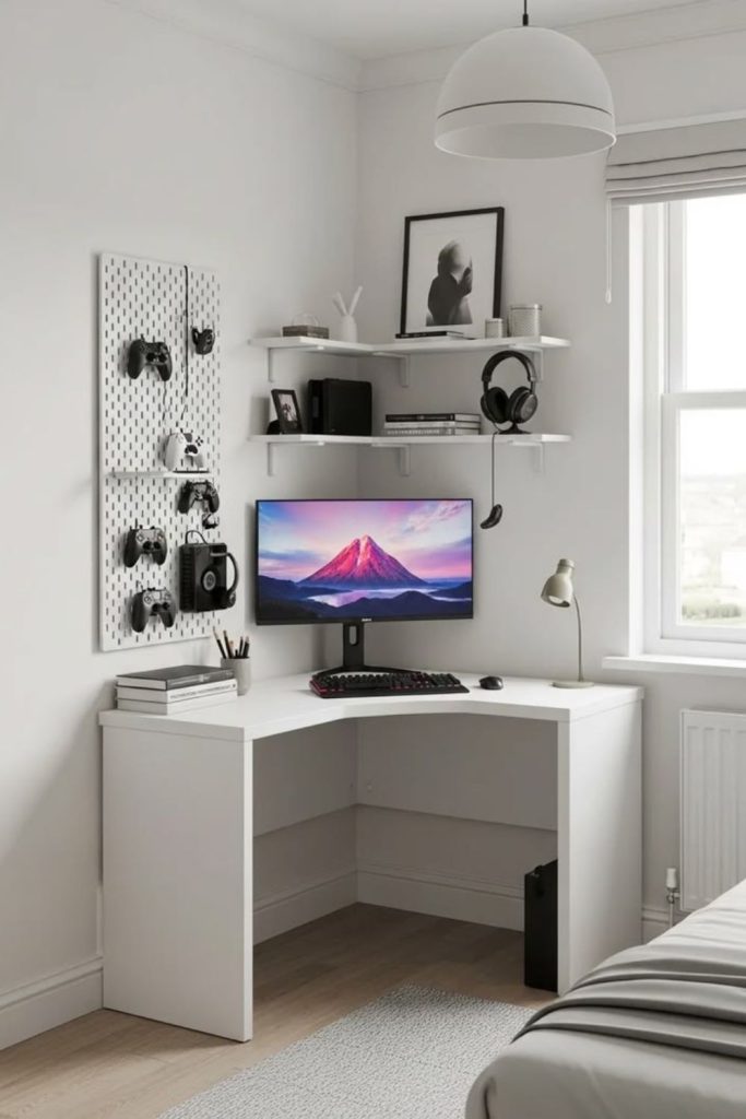 Space-saving corner gaming workstation.