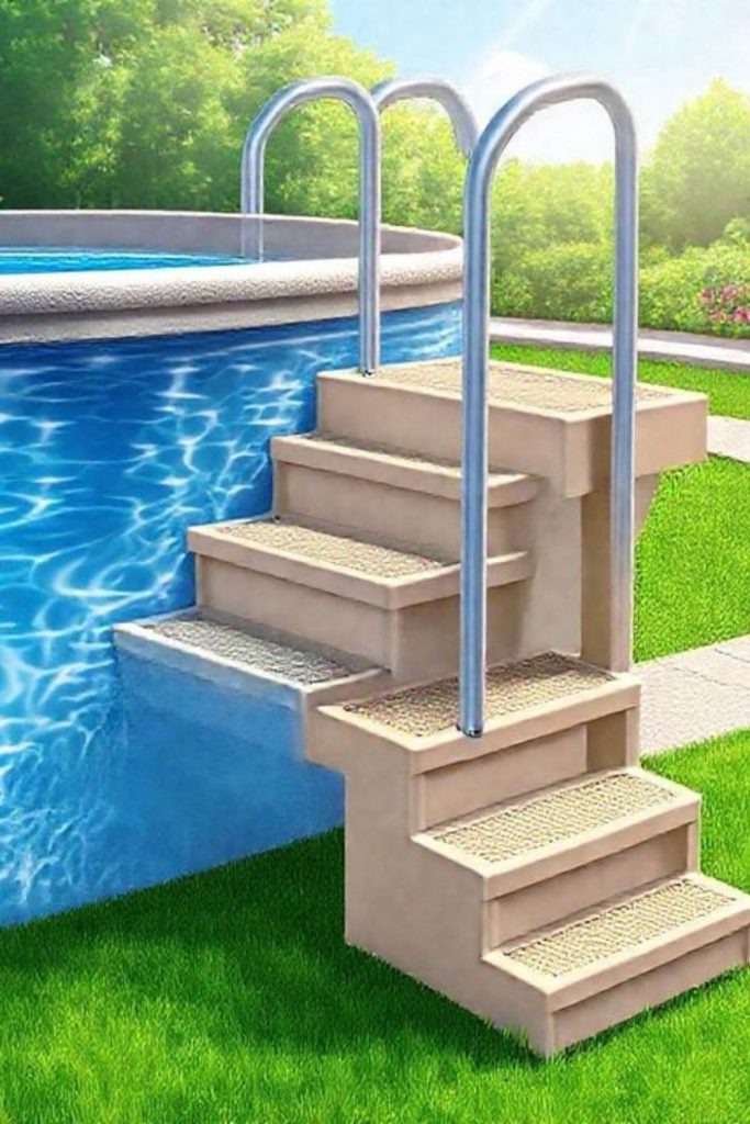 Compact corner space saving pool ladder.