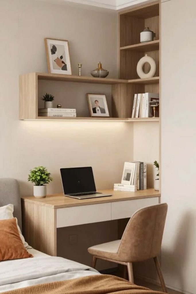 Desk surrounded by built-in bookshelves.