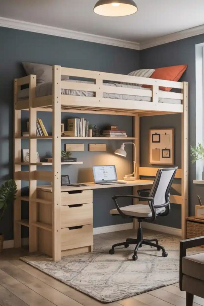Compact lofted bed dorm office.