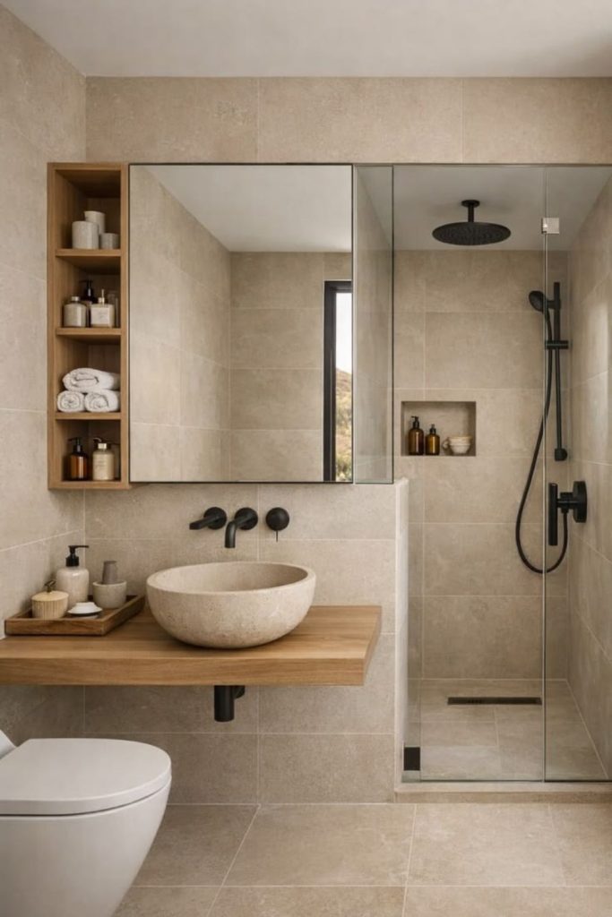 Compact spa inspired bathroom retreat.