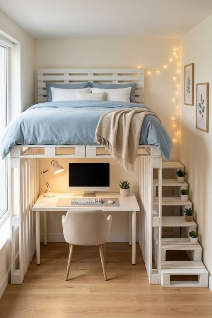 Compact storage lofted dorm room.