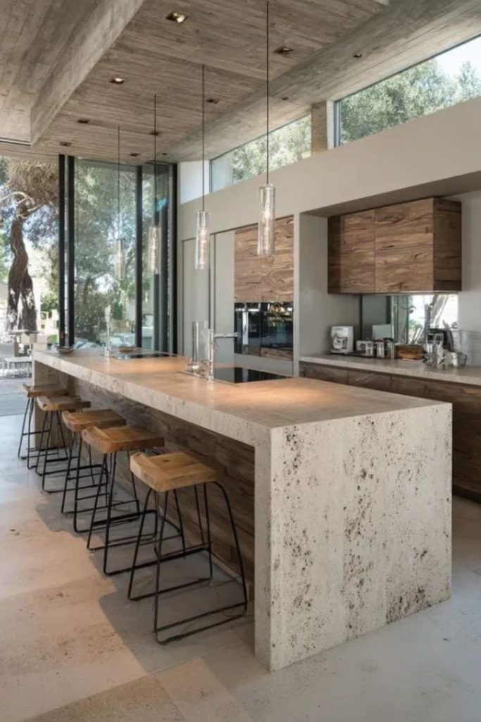 Concrete industrial kitchen island with shelves.