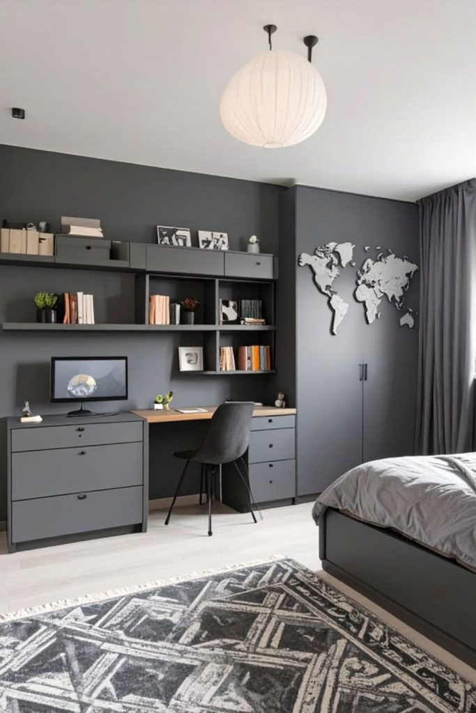 Concrete gray industrial dorm bedroom.