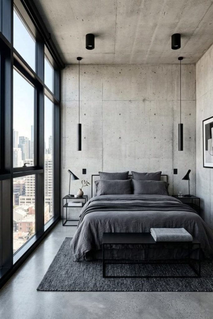 Contemporary concrete industrial men's bedroom.