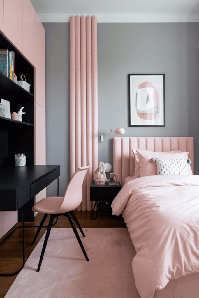 Contemporary blush pink loft bedroom.