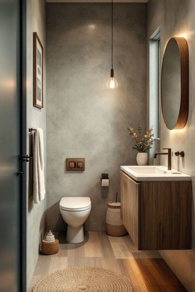 Contemporary concrete compact bathroom design.