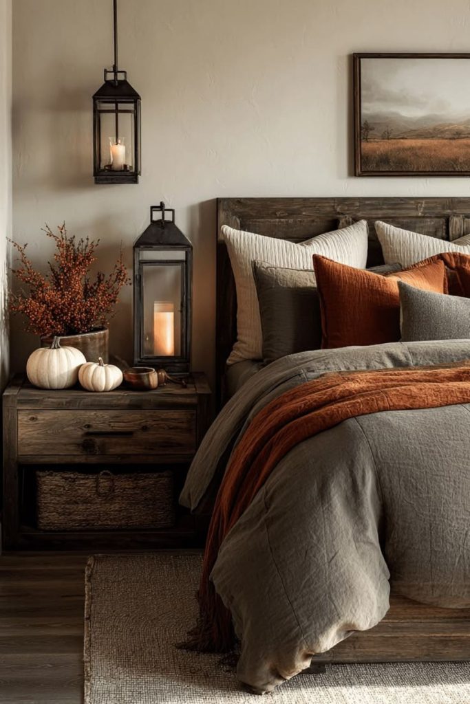 Contemporary cozy autumn bedroom decor.