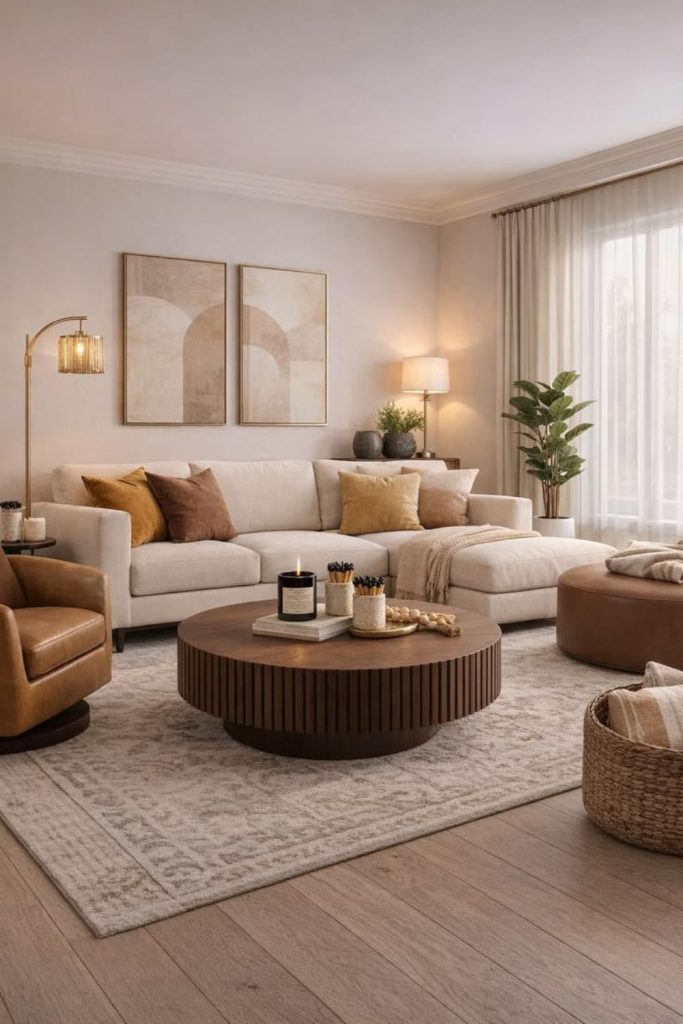 Sleek furniture with sculptural lighting fixture.