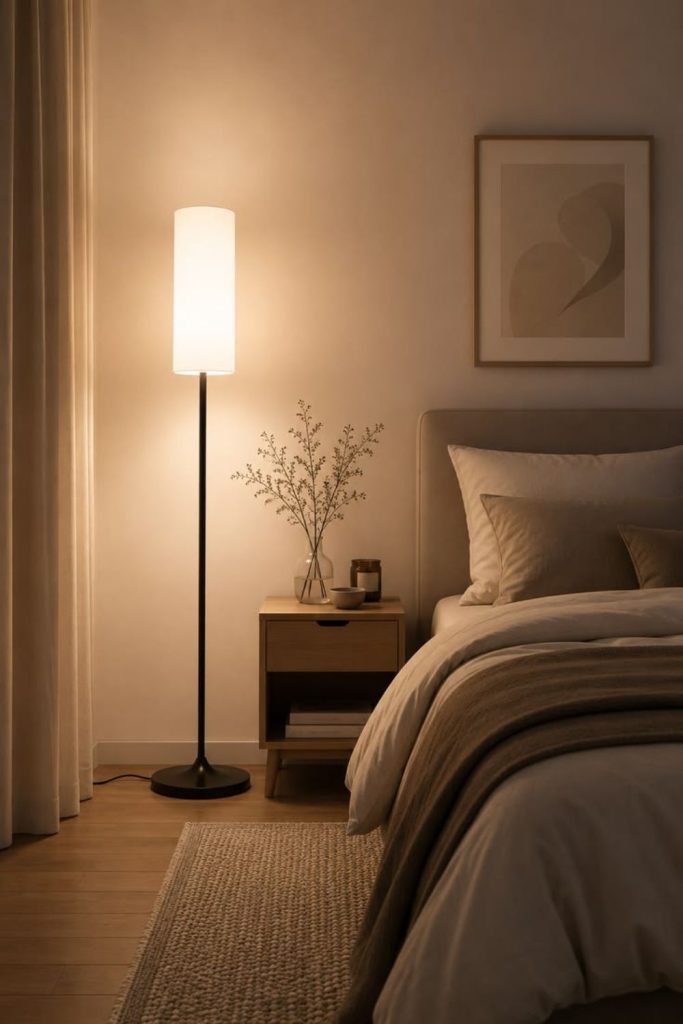 Corner floor lamp beside cozy chair.