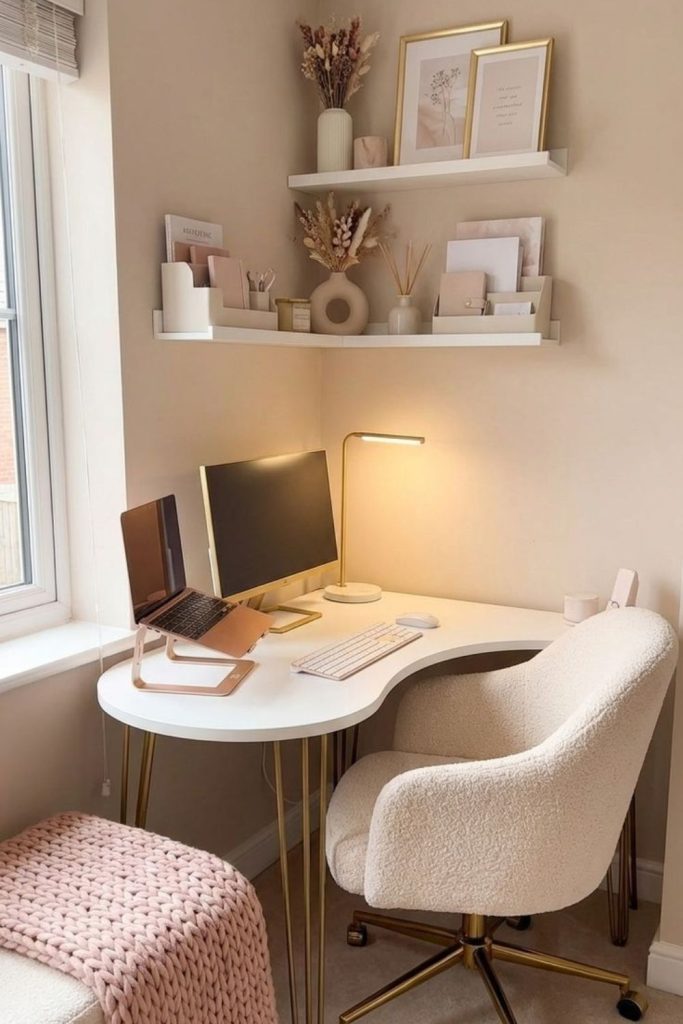 Corner bedroom desk maximizing small space.
