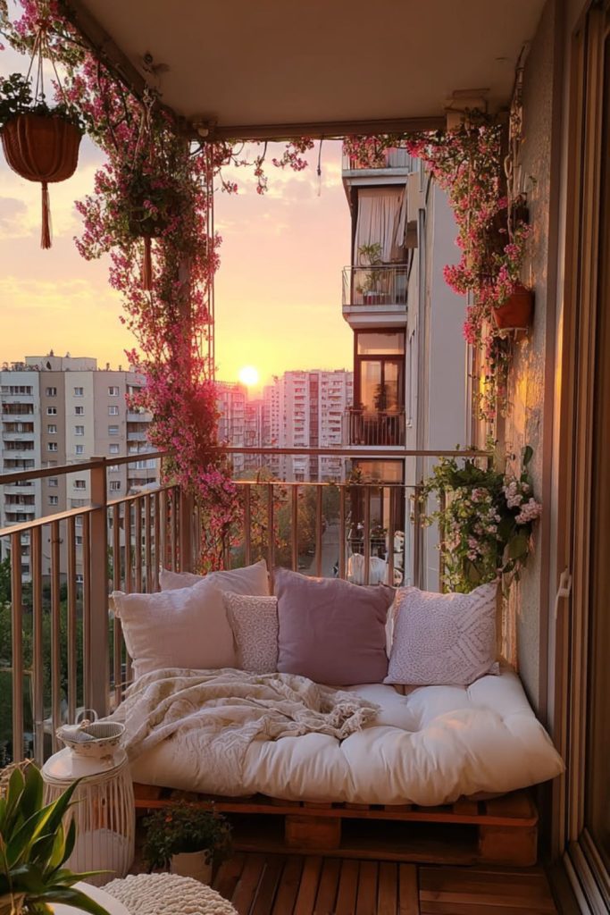 Cottage-style balcony with colorful flower boxes.