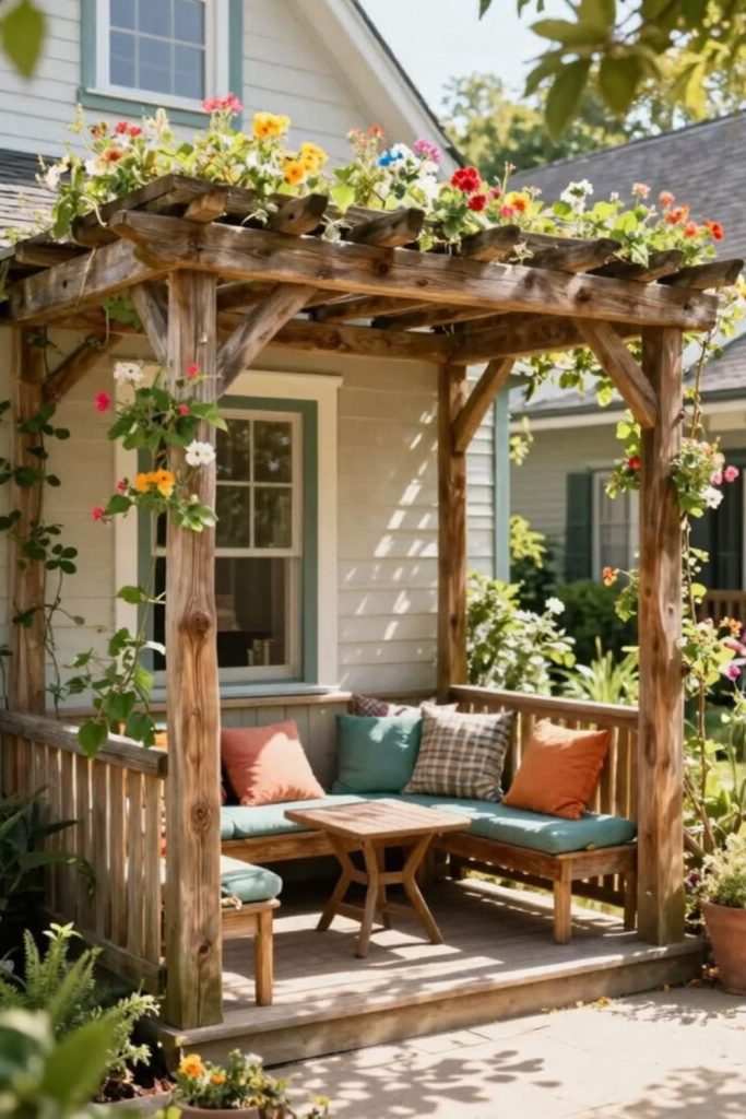 Cottage style covered porch with flowers.
