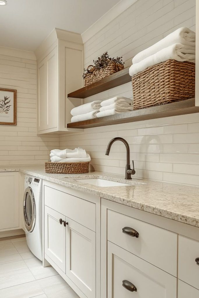 Cottage cream laundry room cabinets.