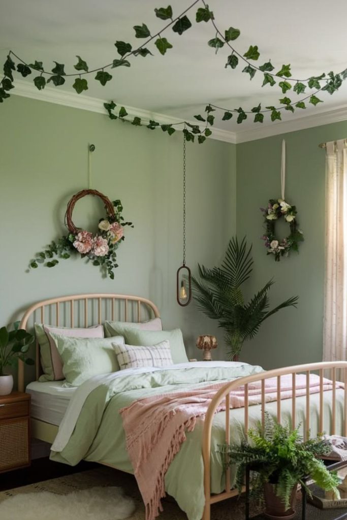 Cottagecore bedroom with floral vintage décor.