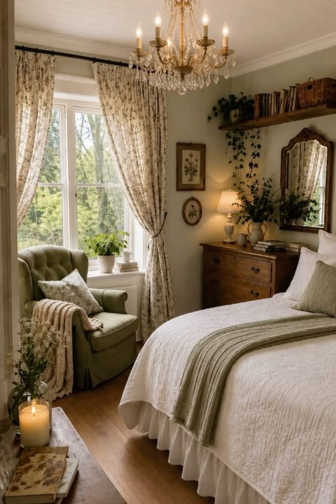 Floral textiles with antique wooden furniture.