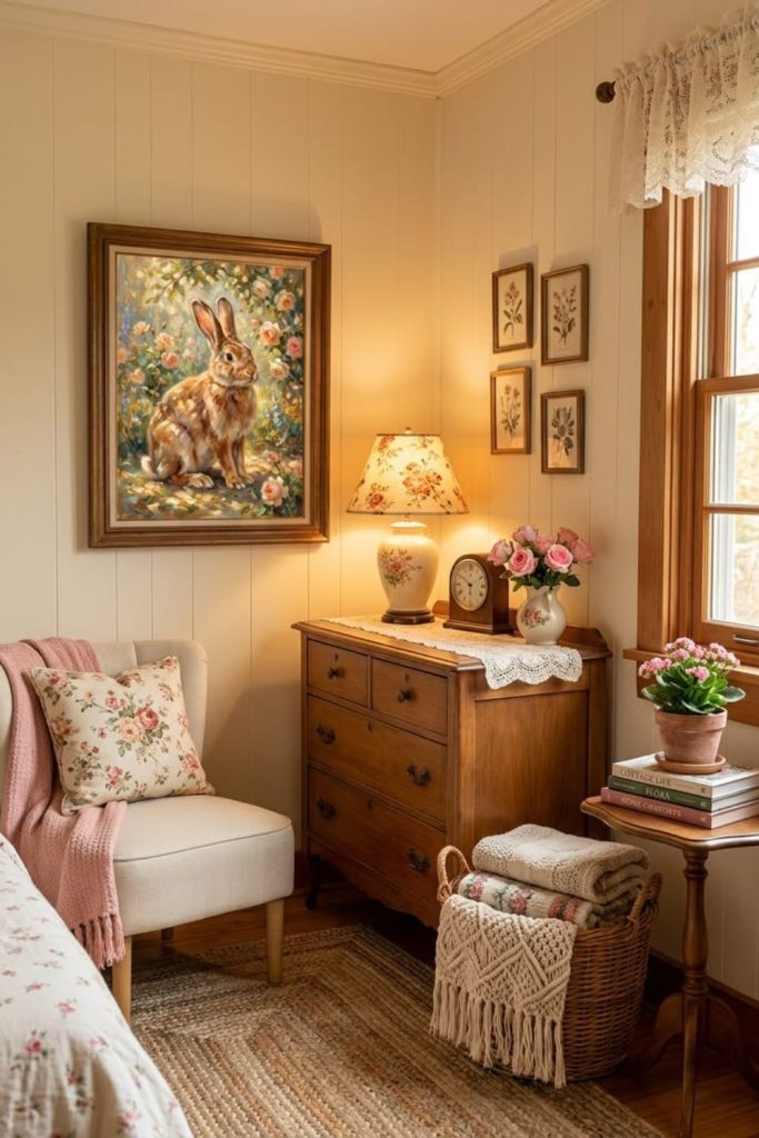 Cottagecore bedroom with vintage furniture