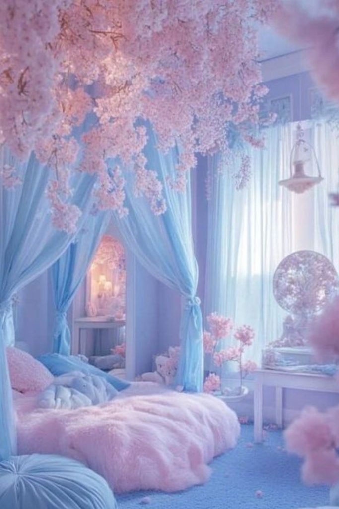 Cotton candy pink colorful bedroom design.