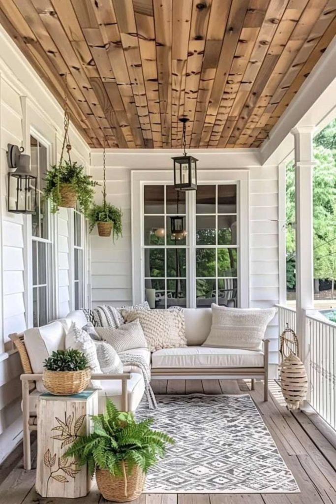 Country garden covered porch with flowers.