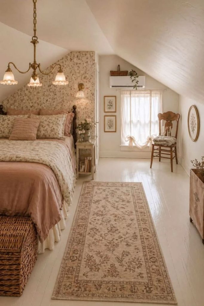 Countryside attic bedroom with exposed beams