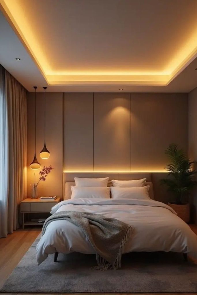 Hidden cove lighting across bedroom ceiling.