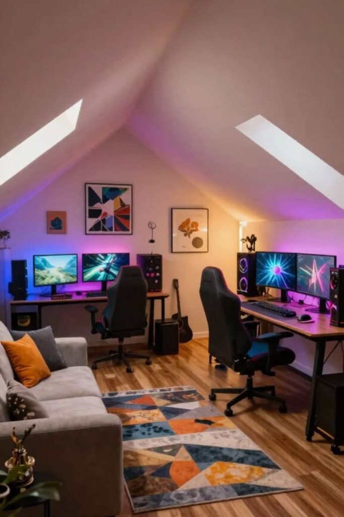 Cozy attic gaming room.