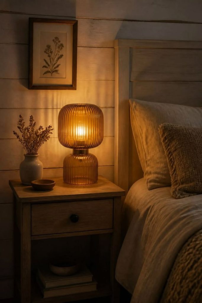 Bedside lantern creating warm evening glow.