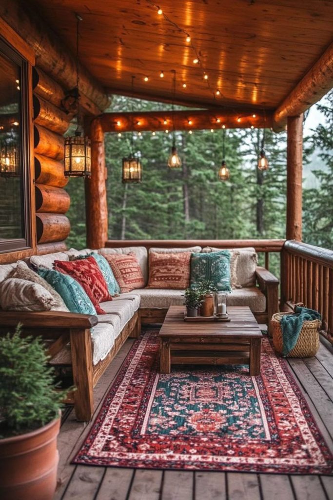 Cozy log cabin covered porch style.