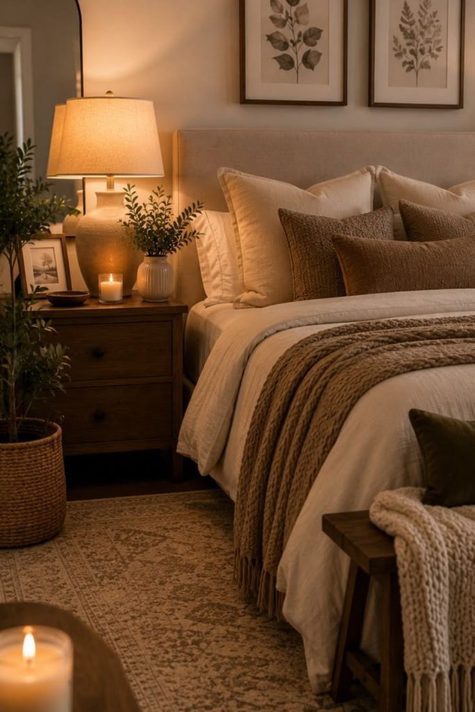 Cozy candlelit bedroom with warm textures.