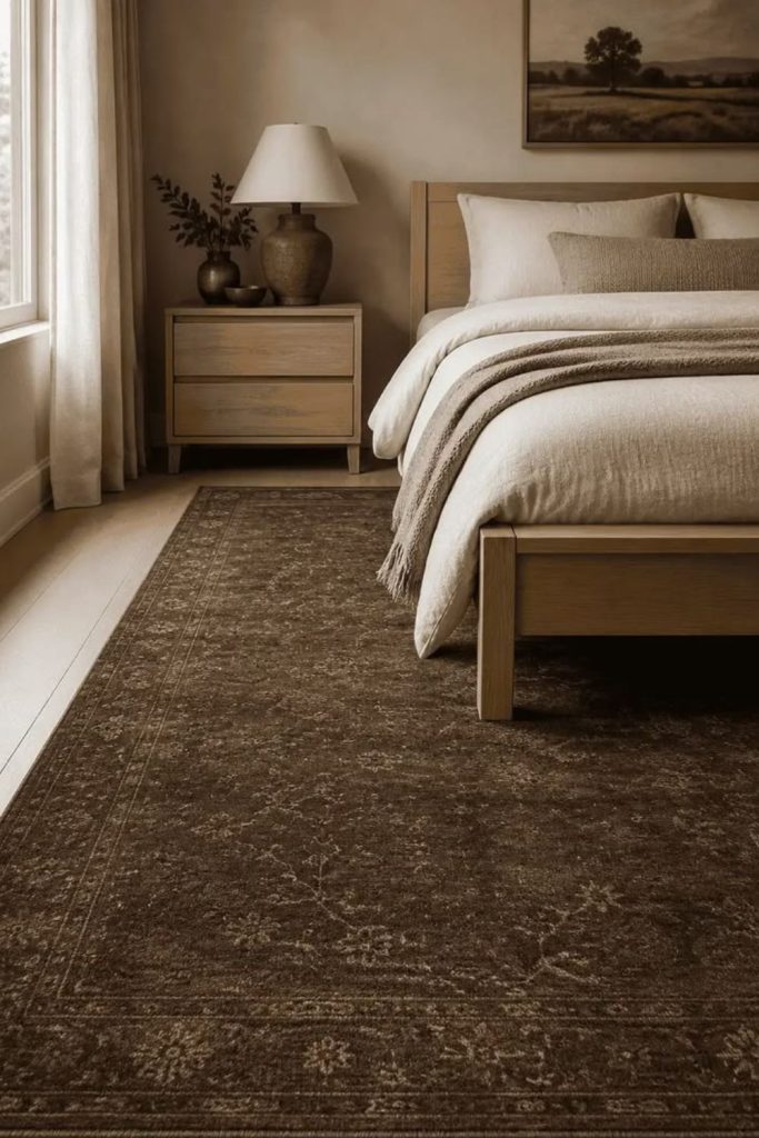 Chocolate brown cozy bedroom carpet style.