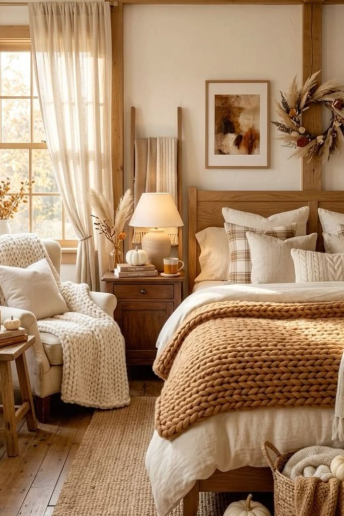 Cozy cottage inspired fall bedroom.