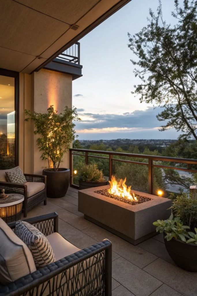 Cozy balcony featuring compact fire bowl.