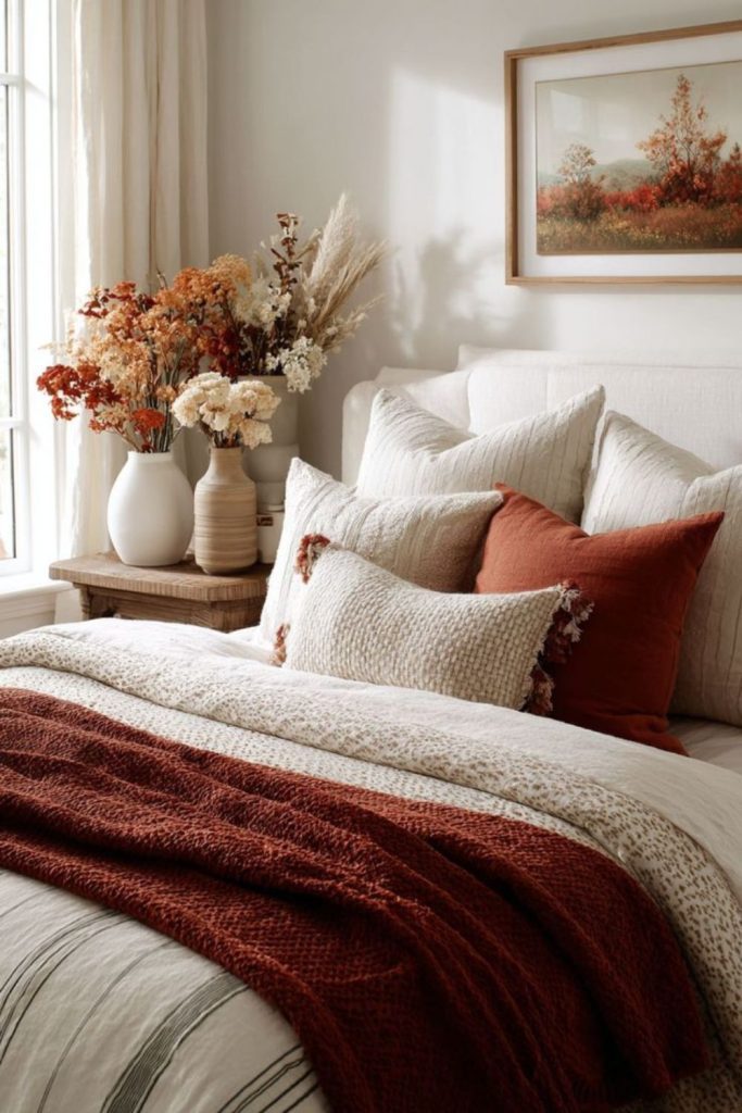 Cozy layered autumn bedding decor.