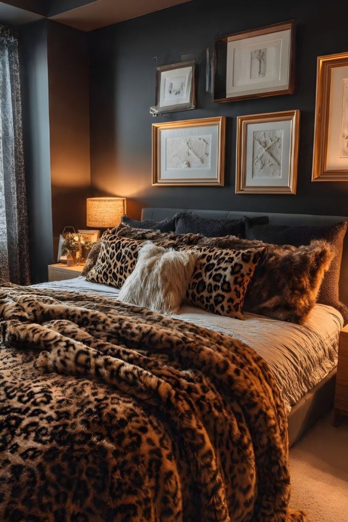 Cozy leopard reading nook bedroom.