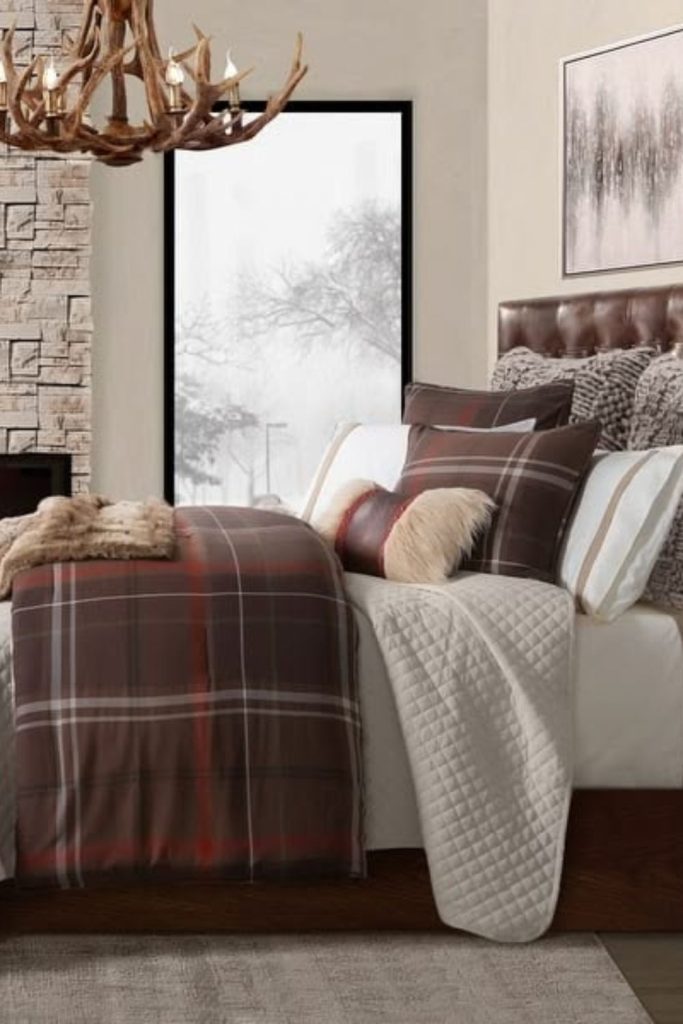 Cozy mountain lodge fall bedroom.