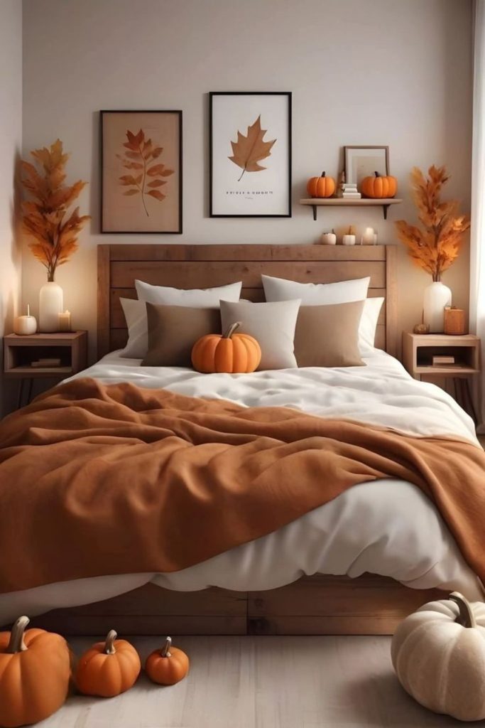 Minimal pumpkin autumn bedroom decor.