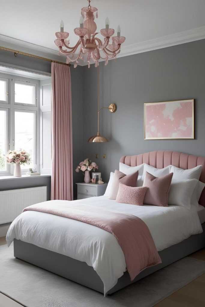 Cozy pink and grey bedroom nest.
