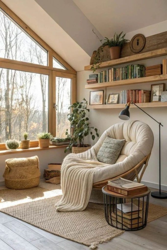 Cozy reading nook with comfortable chair.