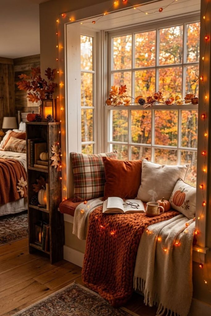 Cozy autumn bedroom reading nook.